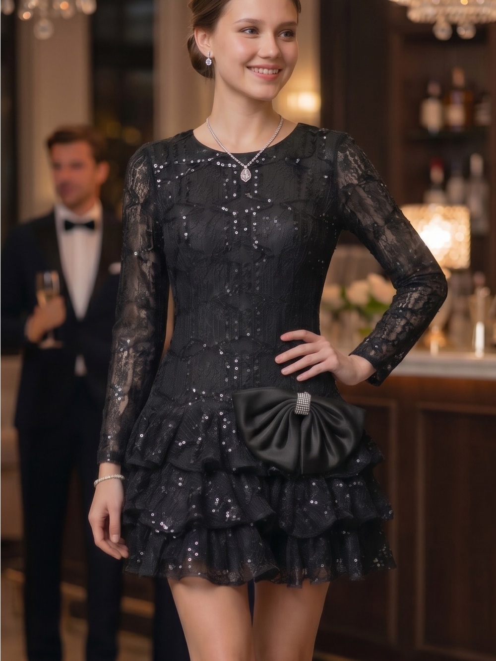 Vintage 1980s Julie Duroché for After Five black sequin and lace cocktail dress